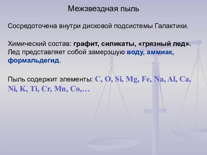 Межзвездная пыль Сосредоточена внутри дисковой подсистемы Галактики. Химический состав: графит, силикаты,