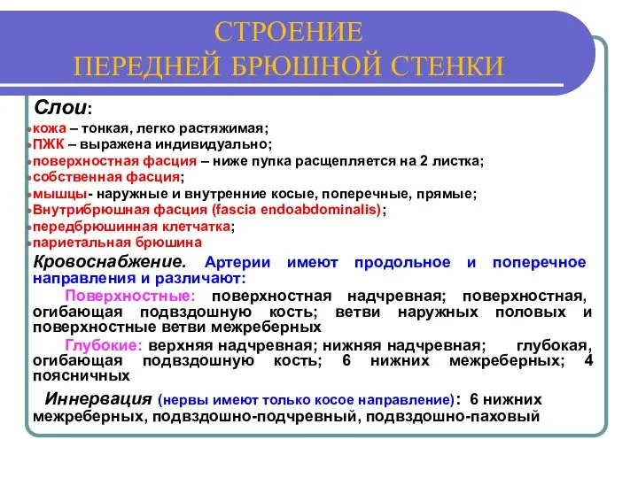 СТРОЕНИЕ ПЕРЕДНЕЙ БРЮШНОЙ СТЕНКИ Слои: кожа – тонкая, легко растяжимая; ПЖК