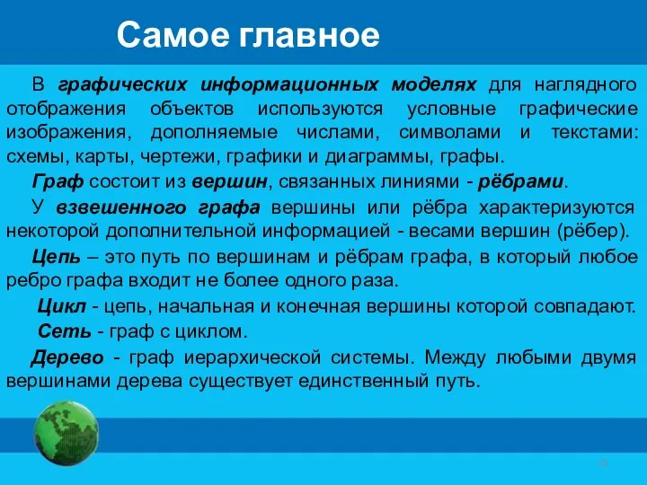 Самое главное В графических информационных моделях для наглядного отображения объектов используются