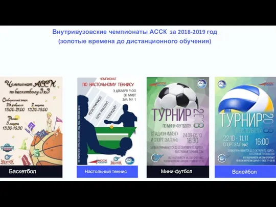 Баскетбол Настольный теннис Мини-футбол Волейбол Внутривузовские чемпионаты АССК за 2018-2019 год (золотые времена до дистанционного обучения)