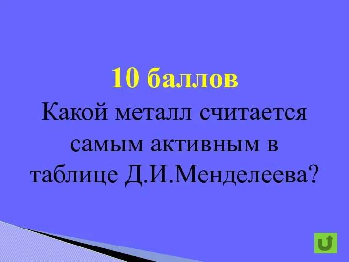 10 баллов Какой металл считается самым активным в таблице Д.И.Менделеева?