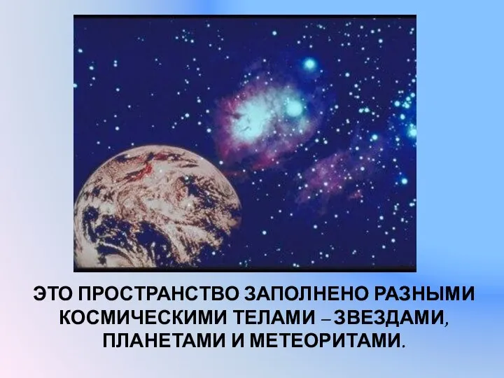 ЭТО ПРОСТРАНСТВО ЗАПОЛНЕНО РАЗНЫМИ КОСМИЧЕСКИМИ ТЕЛАМИ – ЗВЕЗДАМИ, ПЛАНЕТАМИ И МЕТЕОРИТАМИ.