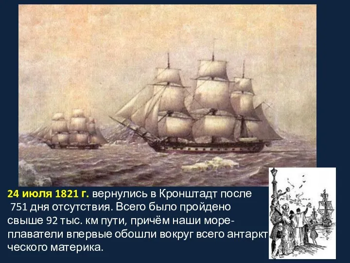 24 июля 1821 г. вернулись в Кронштадт после 751 дня отсутствия.