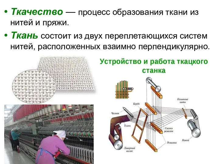 Ткачество — процесс образования ткани из нитей и пряжи. Ткань состоит