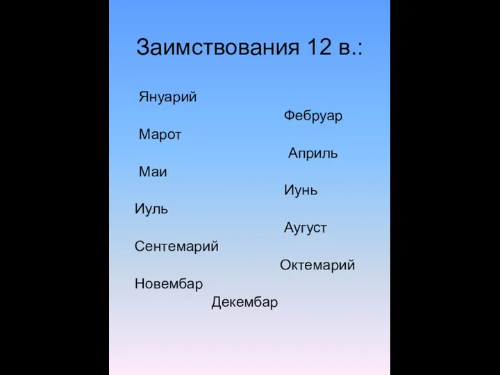 Заимствования 12 в.: Януарий Фебруар Марот Априль Маи Иунь Иуль Аугуст Сентемарий Октемарий Новембар Декембар