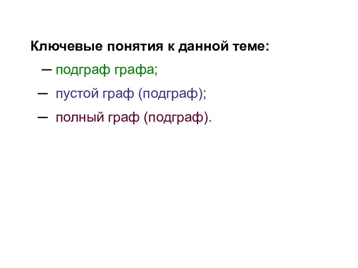 Ключевые понятия к данной теме: ─ подграф графа; ─ пустой граф (подграф); ─ полный граф (подграф).