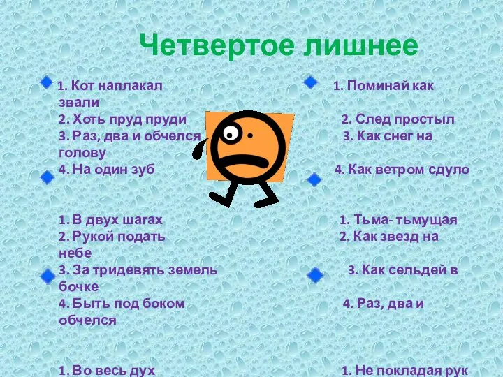 Четвертое лишнее 1. Кот наплакал 1. Поминай как звали 2. Хоть