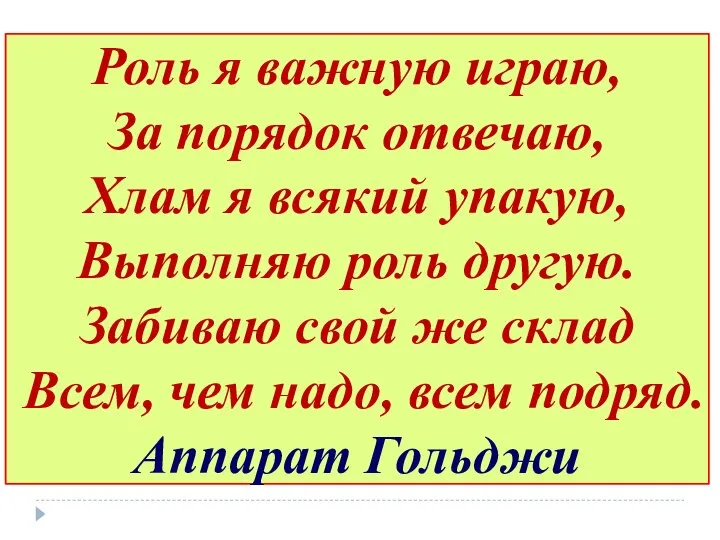 Роль я важную играю, За порядок отвечаю, Хлам я всякий упакую,