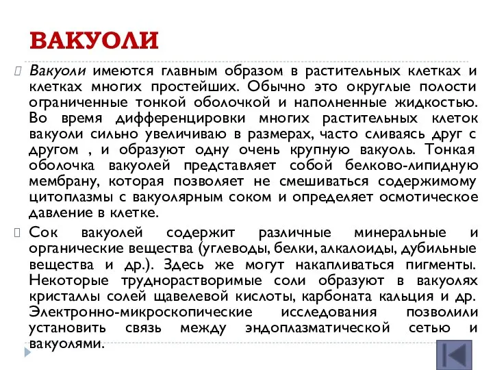 ВАКУОЛИ Вакуоли имеются главным образом в растительных клетках и клетках многих