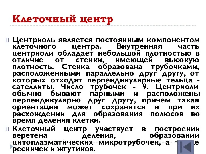 Клеточный центр Центриоль является постоянным компонентом клеточного центра. Внутренняя часть центриоли