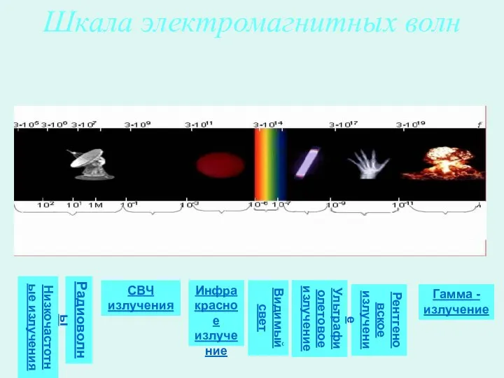 Шкала электромагнитных волн Радиоволны СВЧ излучения Инфракрасное излучение Видимый свет Ультрафиолетовое