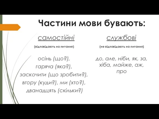 Частини мови бувають: самостійні (відповідають на питання) осінь (що?), гаряча (яка?),