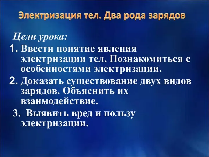 Цели урока: Ввести понятие явления электризации тел. Познакомиться с особенностями электризации.