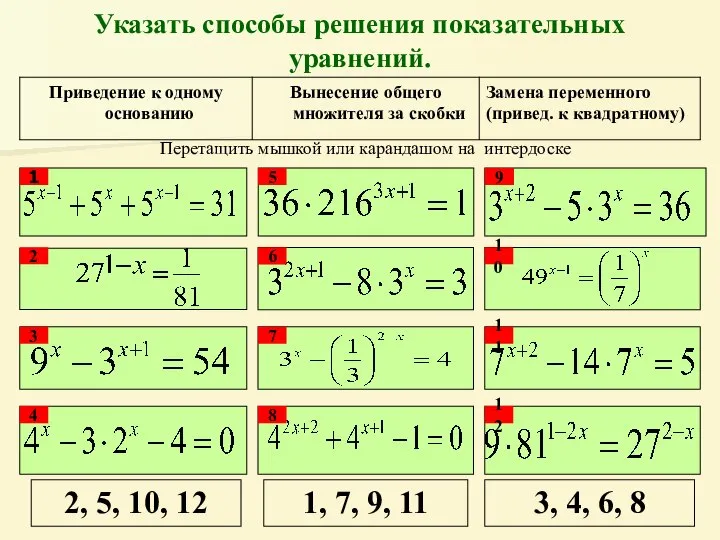Указать способы решения показательных уравнений. 2, 5, 10, 12 1, 7,