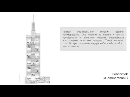 Чертеж вертикального сечения здания Коммерцбанка. Оно состоит из блоков и пустых