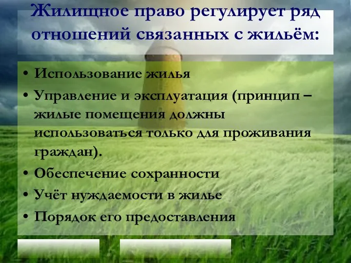 Жилищное право регулирует ряд отношений связанных с жильём: Использование жилья Управление