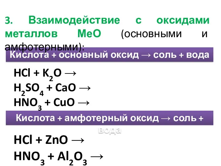 Кислота + основный оксид → соль + вода Кислота + амфотерный