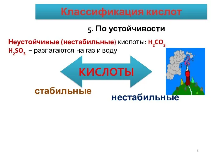 5. По устойчивости КИСЛОТЫ стабильные нестабильные Неустойчивые (нестабильные) кислоты: H2CO3 H2SO3