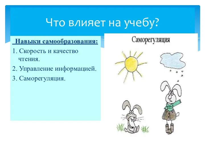 Что влияет на учебу? Навыки самообразования: 1. Скорость и качество чтения. 2. Управление информацией. 3. Саморегуляция.