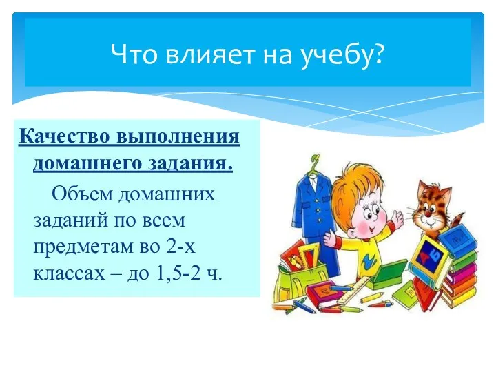 Что влияет на учебу? Качество выполнения домашнего задания. Объем домашних заданий