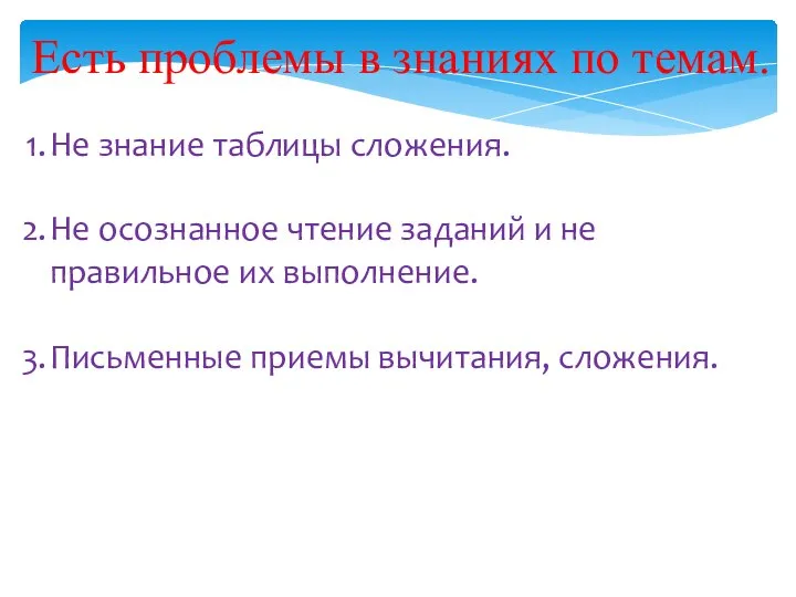 Есть проблемы в знаниях по темам. Не знание таблицы сложения. Не