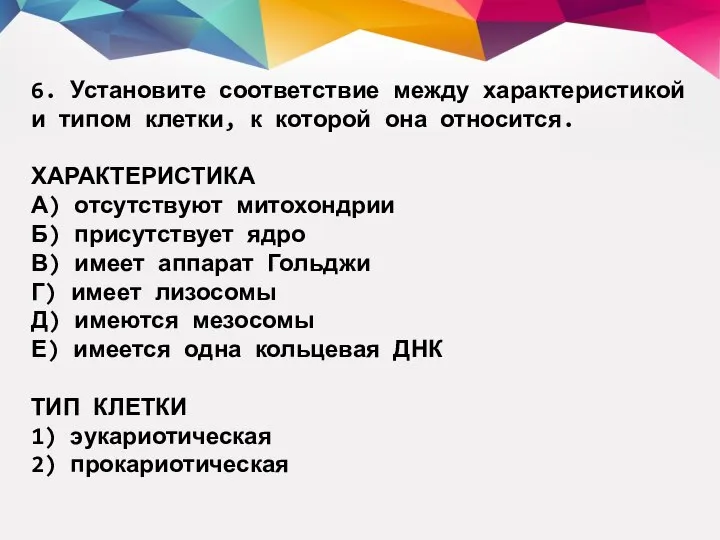 6. Установите соответствие между характеристикой и типом клетки, к которой она