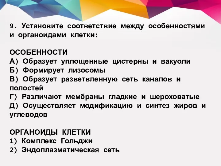 9. Установите соответствие между особенностями и органоидами клетки: ОСОБЕННОСТИ А) Образует