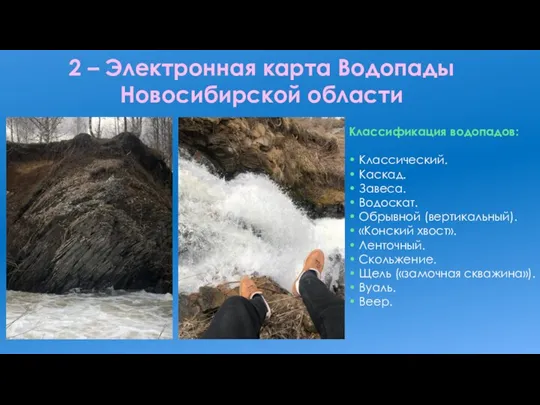 2 – Электронная карта Водопады Новосибирской области Классификация водопадов: • Классический.