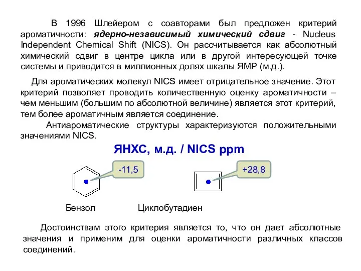 В 1996 Шлейером с соавторами был предложен критерий ароматичности: ядерно-независимый химический