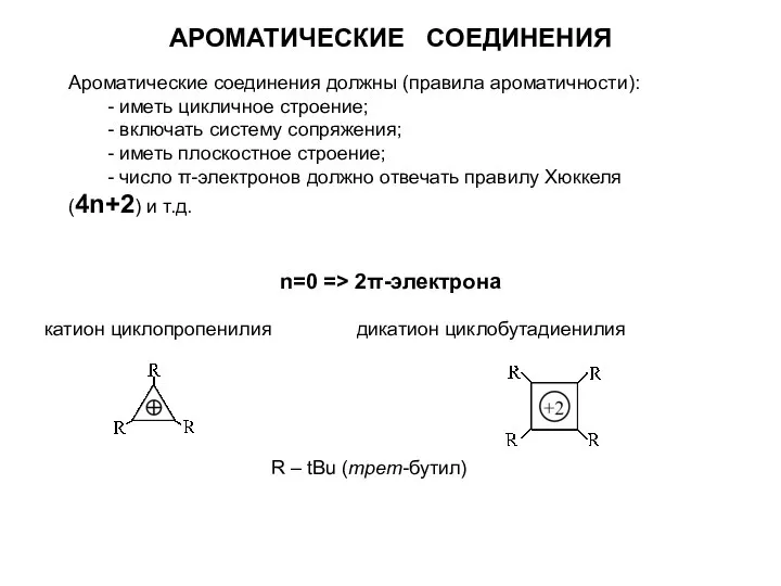 n=0 => 2π-электрона катион циклопропенилия дикатион циклобутадиенилия АРОМАТИЧЕСКИЕ СОЕДИНЕНИЯ Ароматические соединения