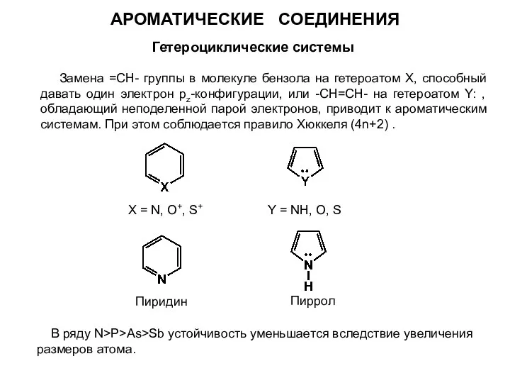 АРОМАТИЧЕСКИЕ СОЕДИНЕНИЯ Гетероциклические системы Замена =СН- группы в молекуле бензола на