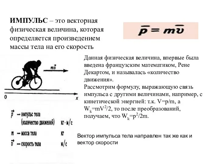 ИМПУЛЬС – это векторная физическая величина, которая определяется произведением массы тела