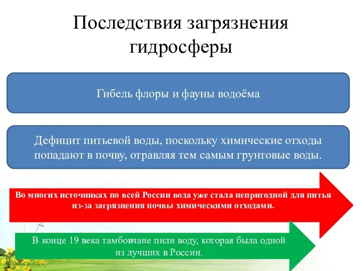 Последствия загрязнения гидросферы Гибель флоры и фауны водоёма Дефицит питьевой воды,