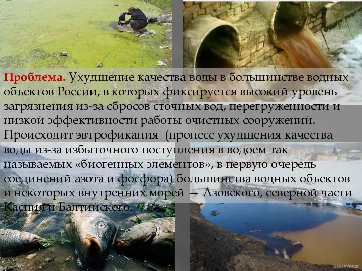 Проблема. Ухудшение качества воды в большинстве водных объектов России, в которых