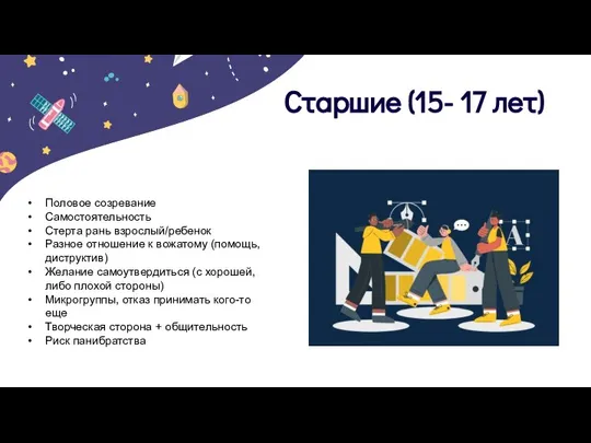 Старшие (15- 17 лет) Половое созревание Самостоятельность Стерта рань взрослый/ребенок Разное