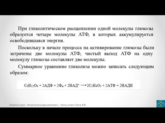 При гликолитическом расщеплении одной молекулы глюкозы образуется четыре молекулы АТФ, в