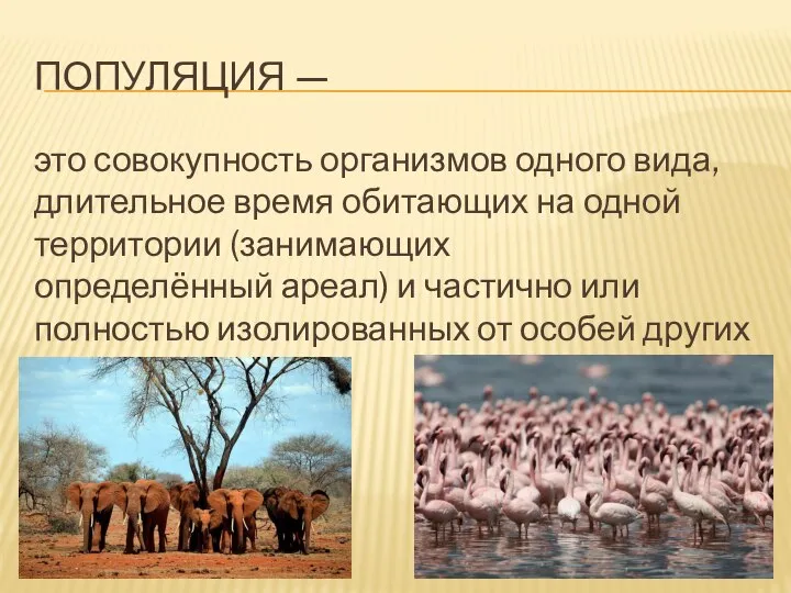 ПОПУЛЯЦИЯ — это совокупность организмов одного вида, длительное время обитающих на