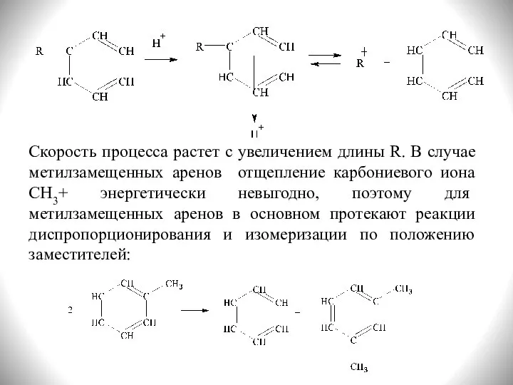 Скорость процесса растет с увеличением длины R. В случае метилзамещенных аренов