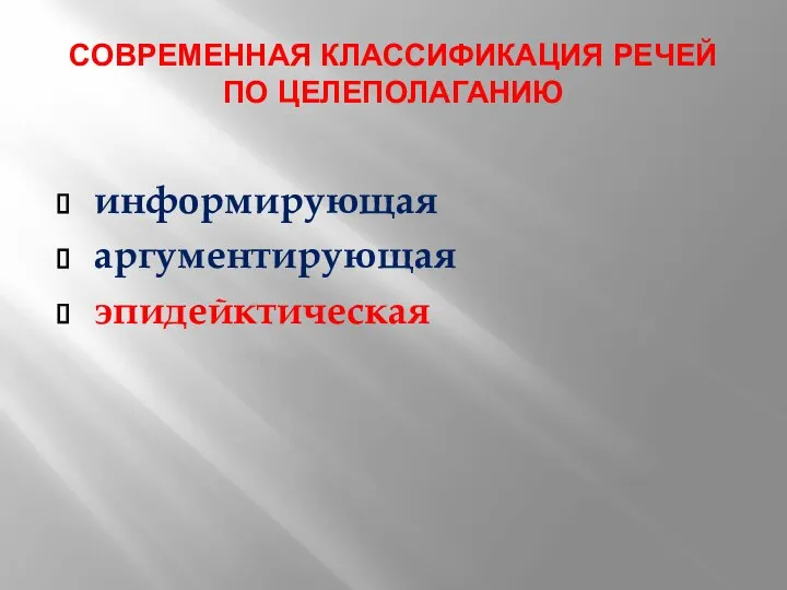 СОВРЕМЕННАЯ КЛАССИФИКАЦИЯ РЕЧЕЙ ПО ЦЕЛЕПОЛАГАНИЮ информирующая аргументирующая эпидейктическая