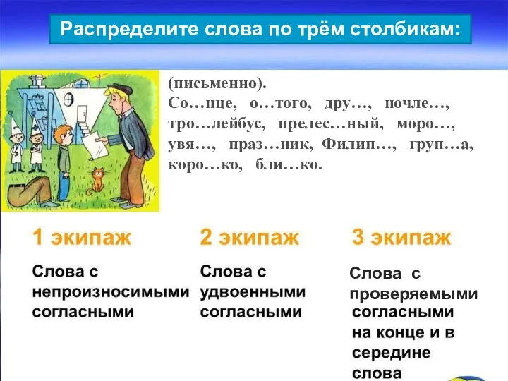 Распределите слова по трём столбикам: (письменно). Со…нце, о…того, дру…, ночле…, тро…лейбус,