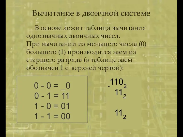 Вычитание в двоичной системе В основе лежит таблица вычитания однозначных двоичных