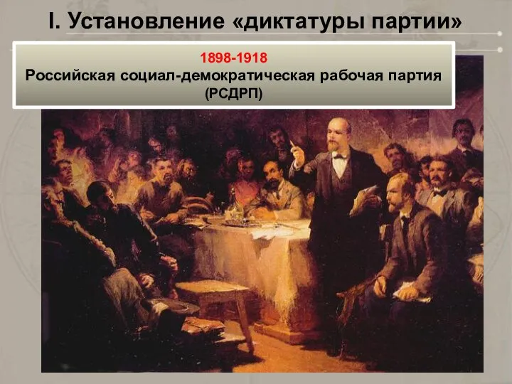 I. Установление «диктатуры партии» 1898-1918 Российская социал-демократическая рабочая партия (РСДРП)