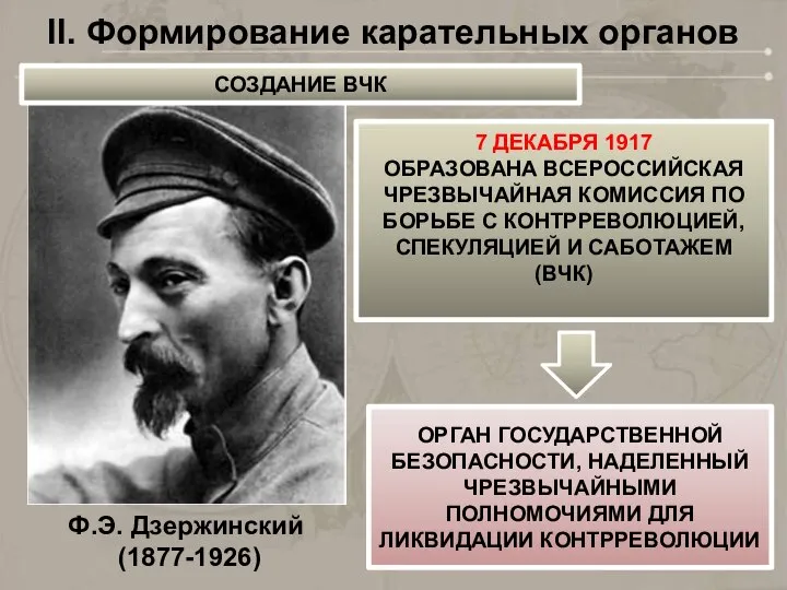 II. Формирование карательных органов 7 ДЕКАБРЯ 1917 ОБРАЗОВАНА ВСЕРОССИЙСКАЯ ЧРЕЗВЫЧАЙНАЯ КОМИССИЯ