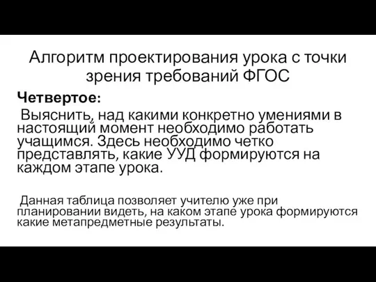 Алгоритм проектирования урока с точки зрения требований ФГОС Четвертое: Выяснить, над