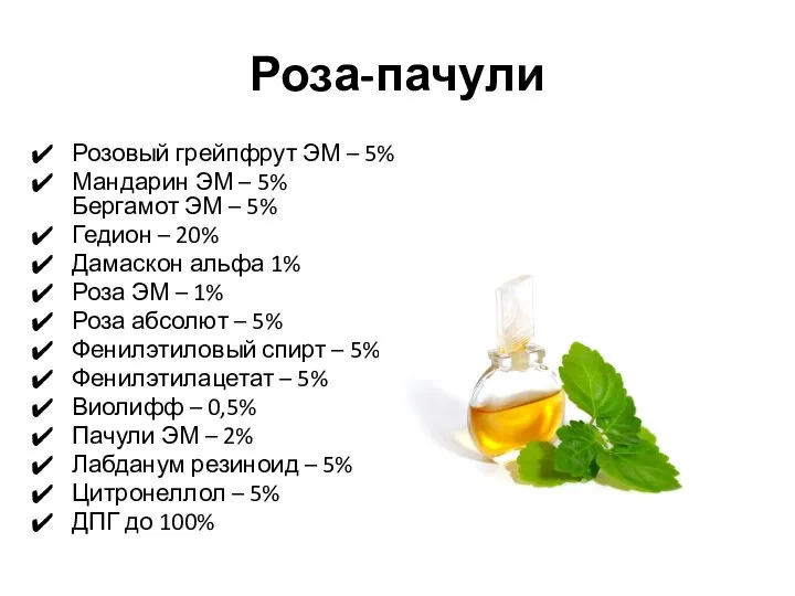 Роза-пачули Розовый грейпфрут ЭМ – 5% Мандарин ЭМ – 5% Бергамот