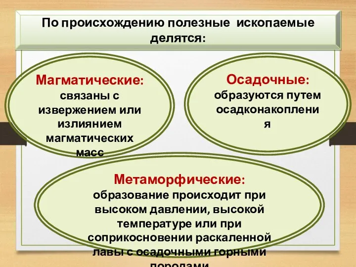 По происхождению полезные ископаемые делятся: Магматические: связаны с извержением или излиянием