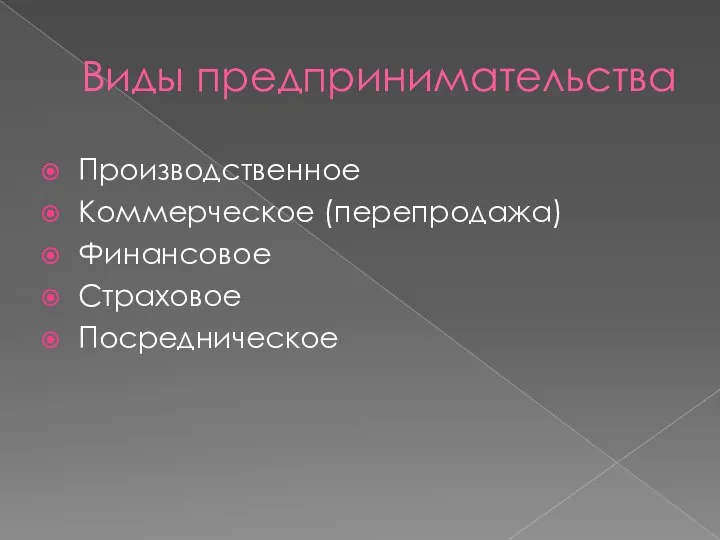 Виды предпринимательства Производственное Коммерческое (перепродажа) Финансовое Страховое Посредническое