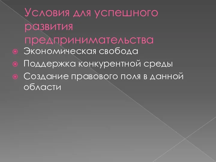 Условия для успешного развития предпринимательства Экономическая свобода Поддержка конкурентной среды Создание правового поля в данной области