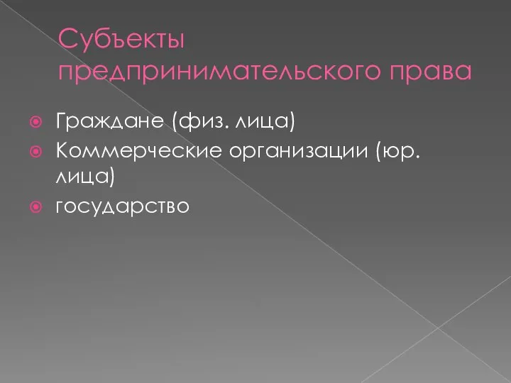 Субъекты предпринимательского права Граждане (физ. лица) Коммерческие организации (юр. лица) государство