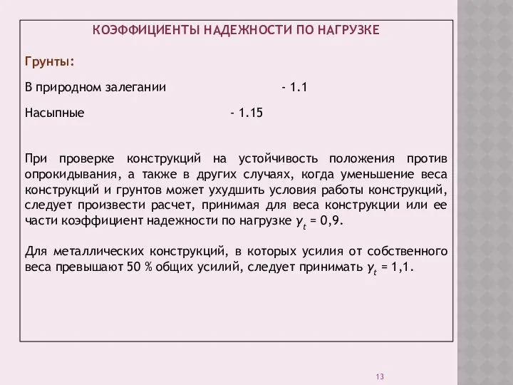 КОЭФФИЦИЕНТЫ НАДЕЖНОСТИ ПО НАГРУЗКЕ Грунты: В природном залегании - 1.1 Насыпные